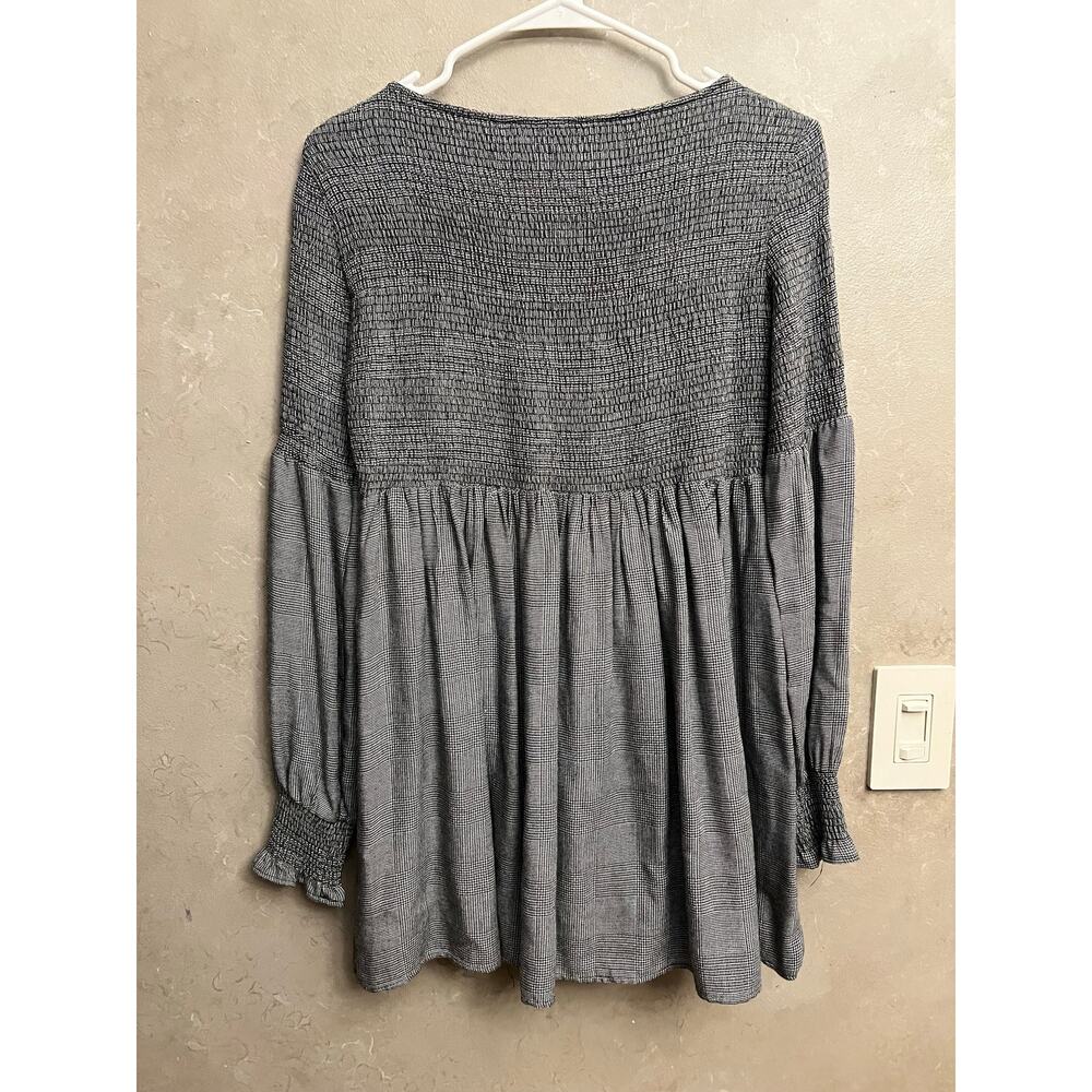 Zara Grey Smocked Plaid Babydoll Blouse Balloon Sleeve Tunic Top Houndstooth XS - Picture 8 of 12